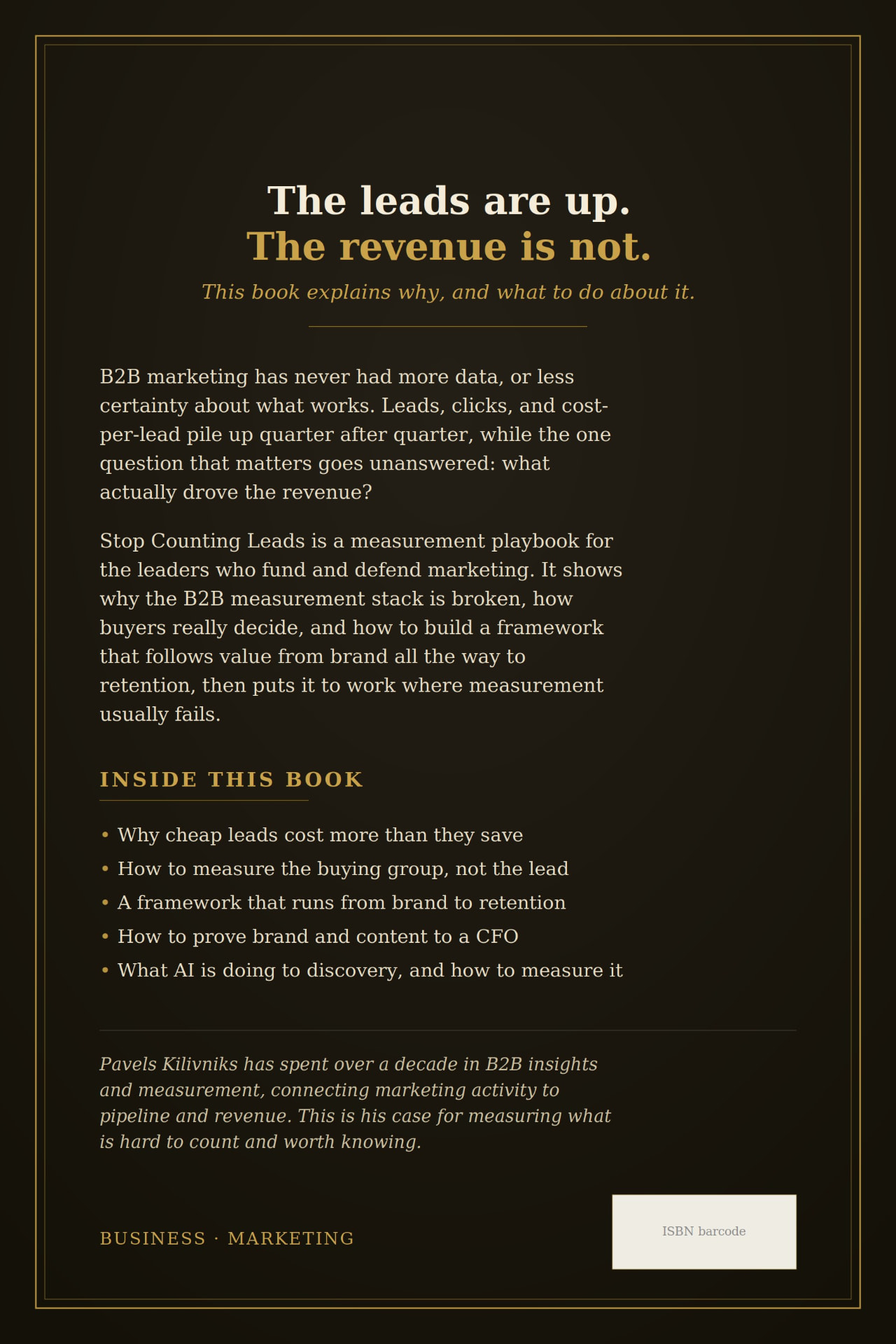 Back cover of Stop Counting Leads, listing what the book covers